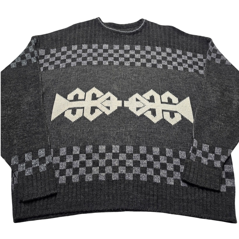 JT Beckett Mens Charcoal Gray Geometric Checkered Knit Crewneck Sweater XL
